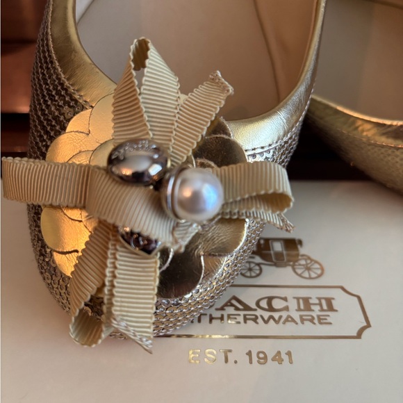 Coach Abigail Gold Sequins Flats with Bow and Pearl Accents - Picture 2 of 11